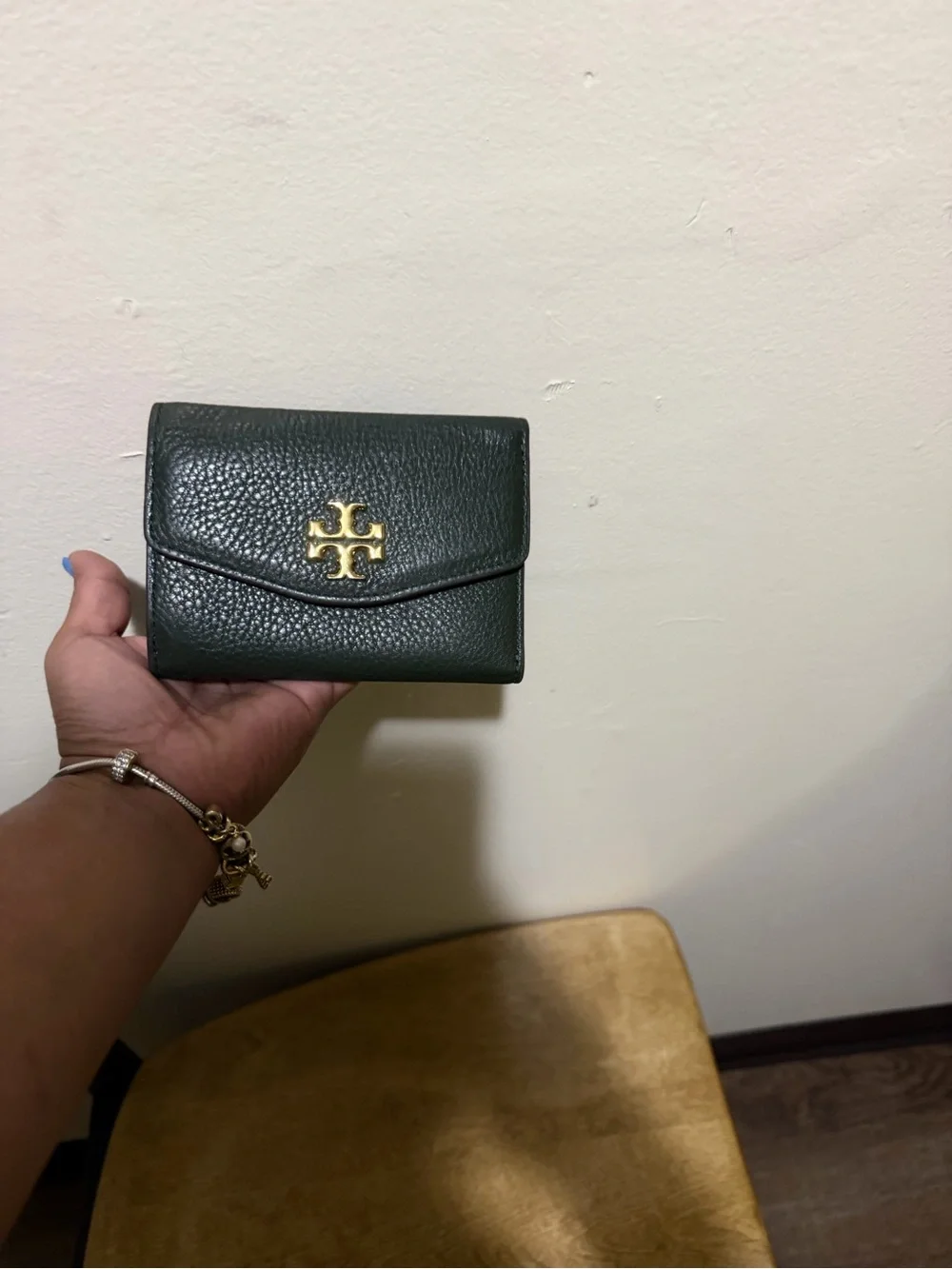 Tory Burch Dark Green Pebbled Leather Wallet with Gold Logo